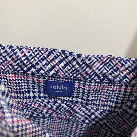 Talula Plaid Cotton Button Down Mini Dress Blue White Pink 2 - Picture 3 of 8